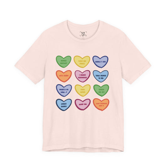 Library Conversation Heart Graphic Tee — Cute Pastel Candy Hearts with Messages