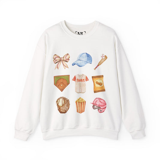 Baseball Icons Crewneck Sweatshirt — Watercolor Baseball Gear Graphic