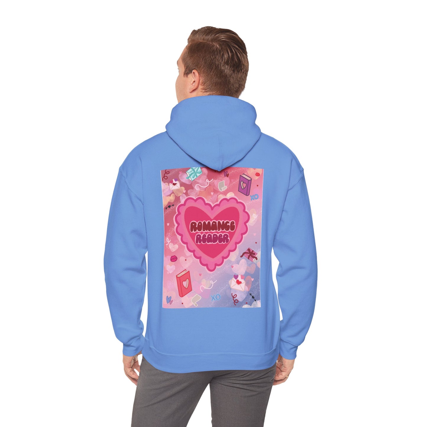 Romance Reader Hoodie — Cute Pink Heart Book Lover Pullover (Black Text)