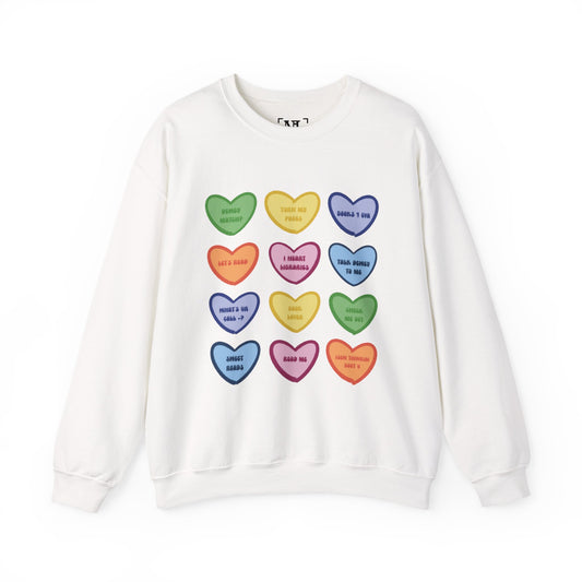 Library Themed Conversation Heart Sweatshirt — Colorful Valentine Candy Heart Graphic Crewneck