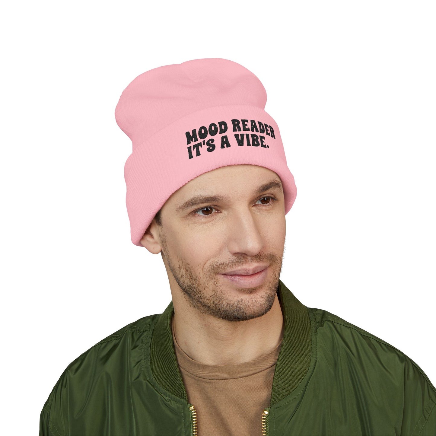 "Mood Reader It's a Vibe." - Embroidered Literary Cuffed Beanie (Black Text)