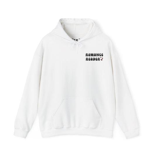 Romance Reader Hoodie — Cute Pink Heart Book Lover Pullover (Black Text)