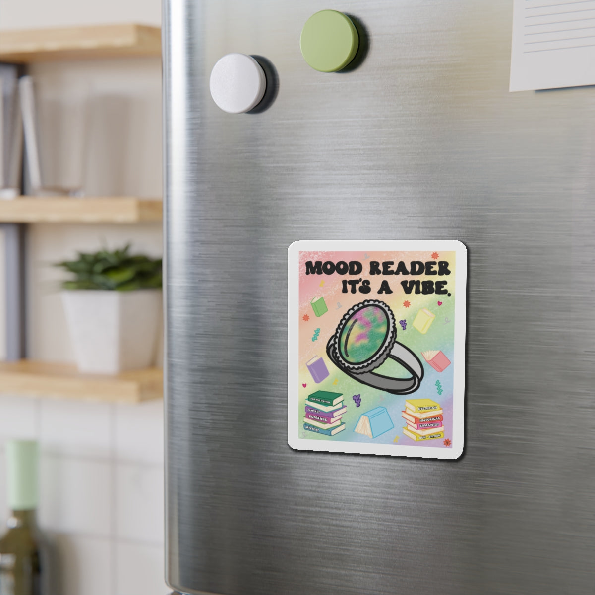 Mood Reader. It's a Vibe Die-Cut Magnet — Cozy Book Lover Refrigerator Decor (with Genres)