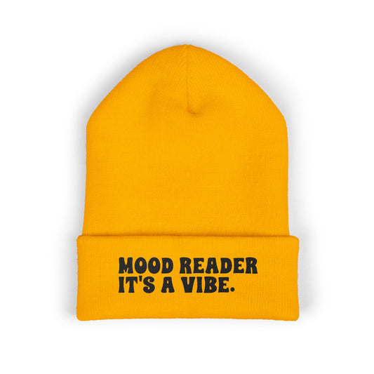 "Mood Reader It's a Vibe." - Embroidered Literary Cuffed Beanie (Black Text)