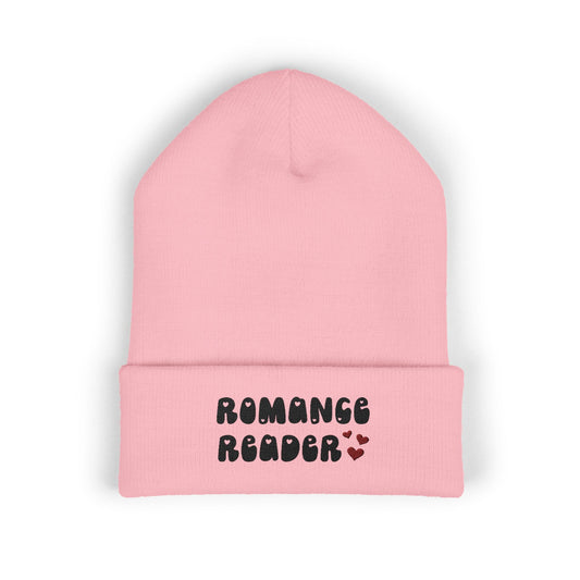 "Romance Reader" - Embroidered Literary Cuffed Beanie (Black Text with Maroon Hearts)