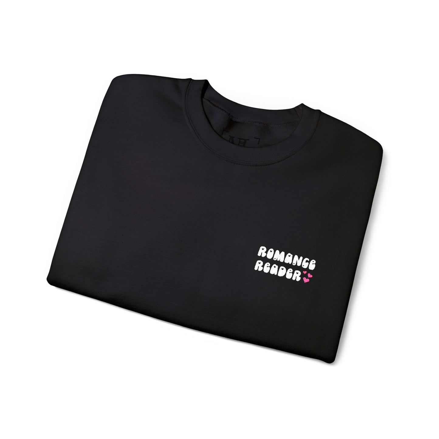 "Romance Reader" - Embroidered Literary Crewneck Sweatshirt (White Text with Pink Hearts)