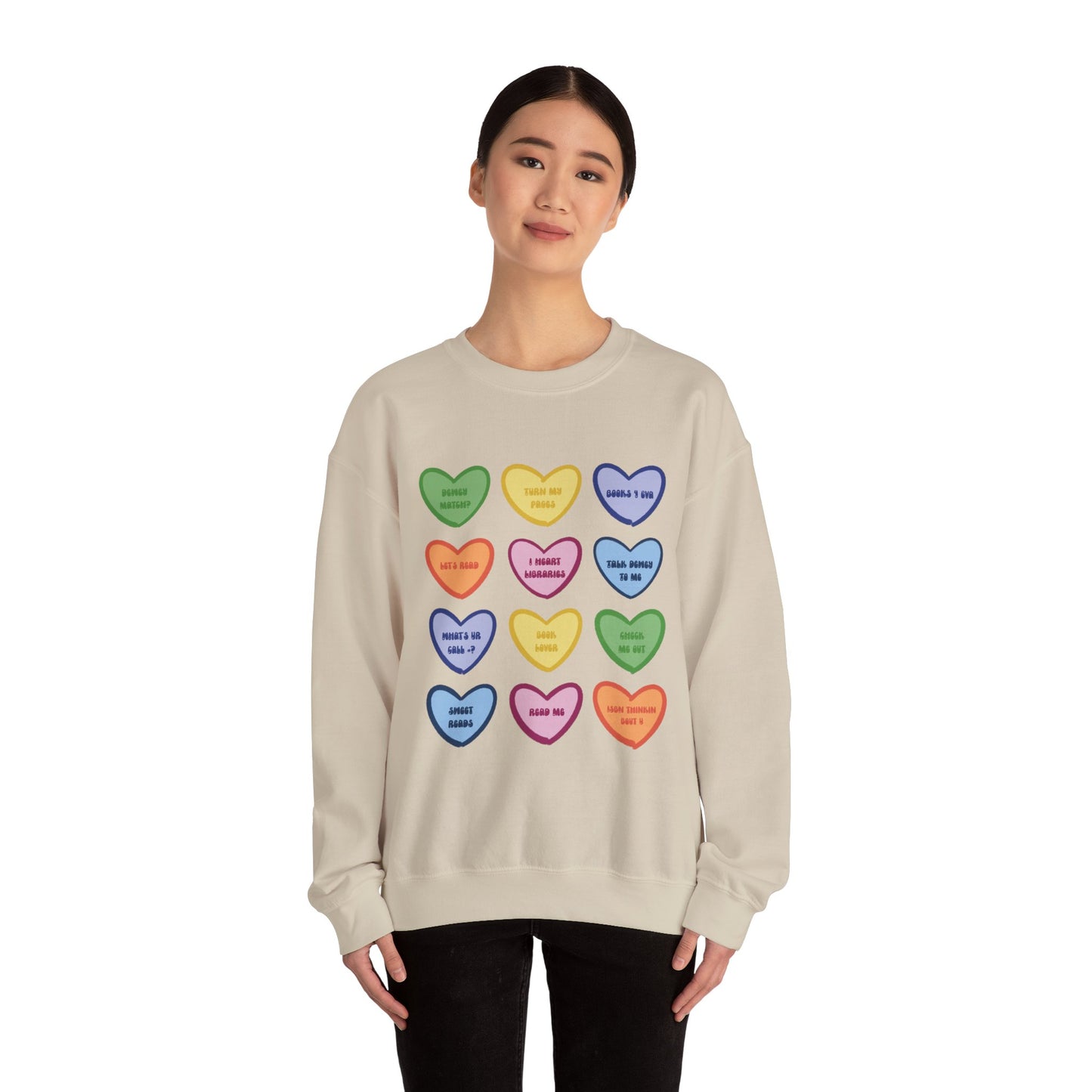 Library Themed Conversation Heart Sweatshirt — Colorful Valentine Candy Heart Graphic Crewneck