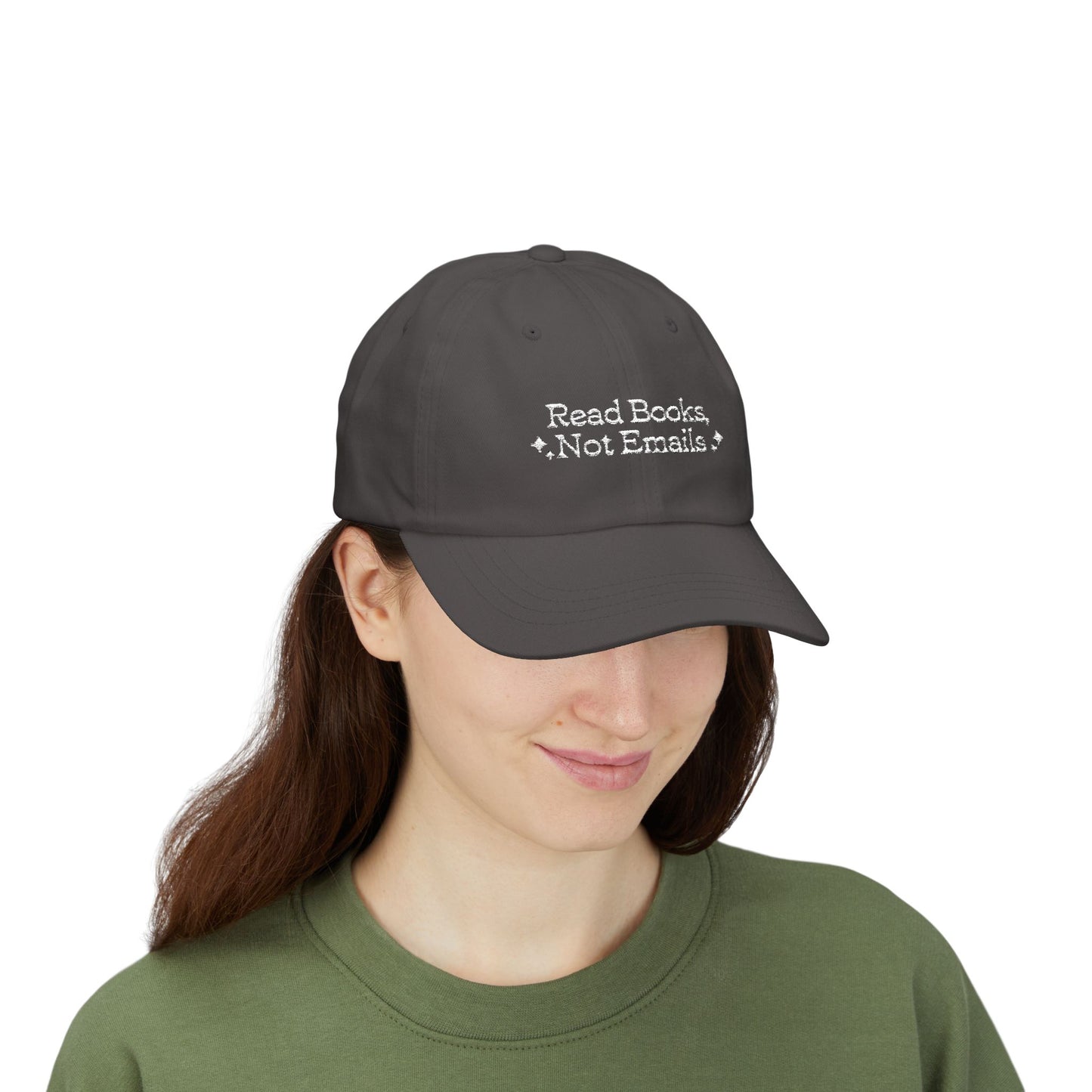 "Read Books Not Emails" - Embroidered Literary Dad Baseball Cap (White Text)