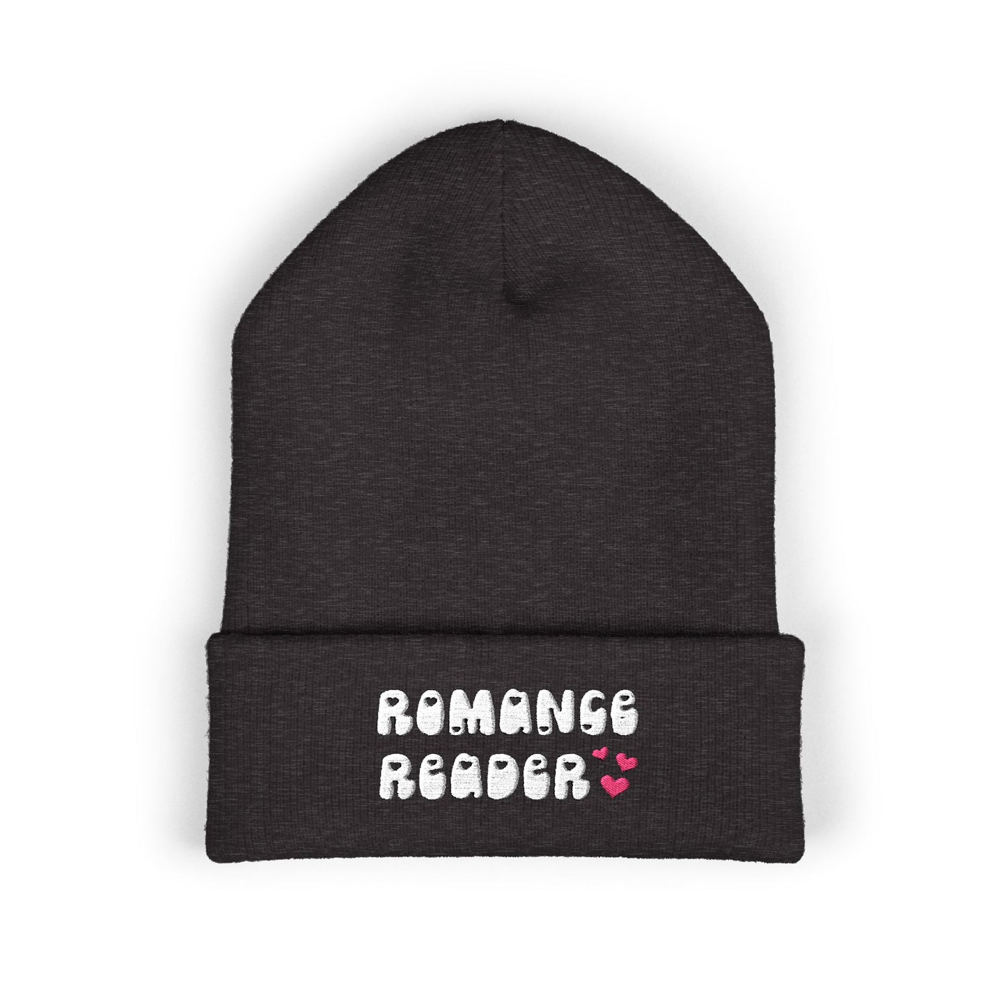 "Romance Reader" - Embroidered Literary Cuffed Beanie (White Text with Pink Hearts)