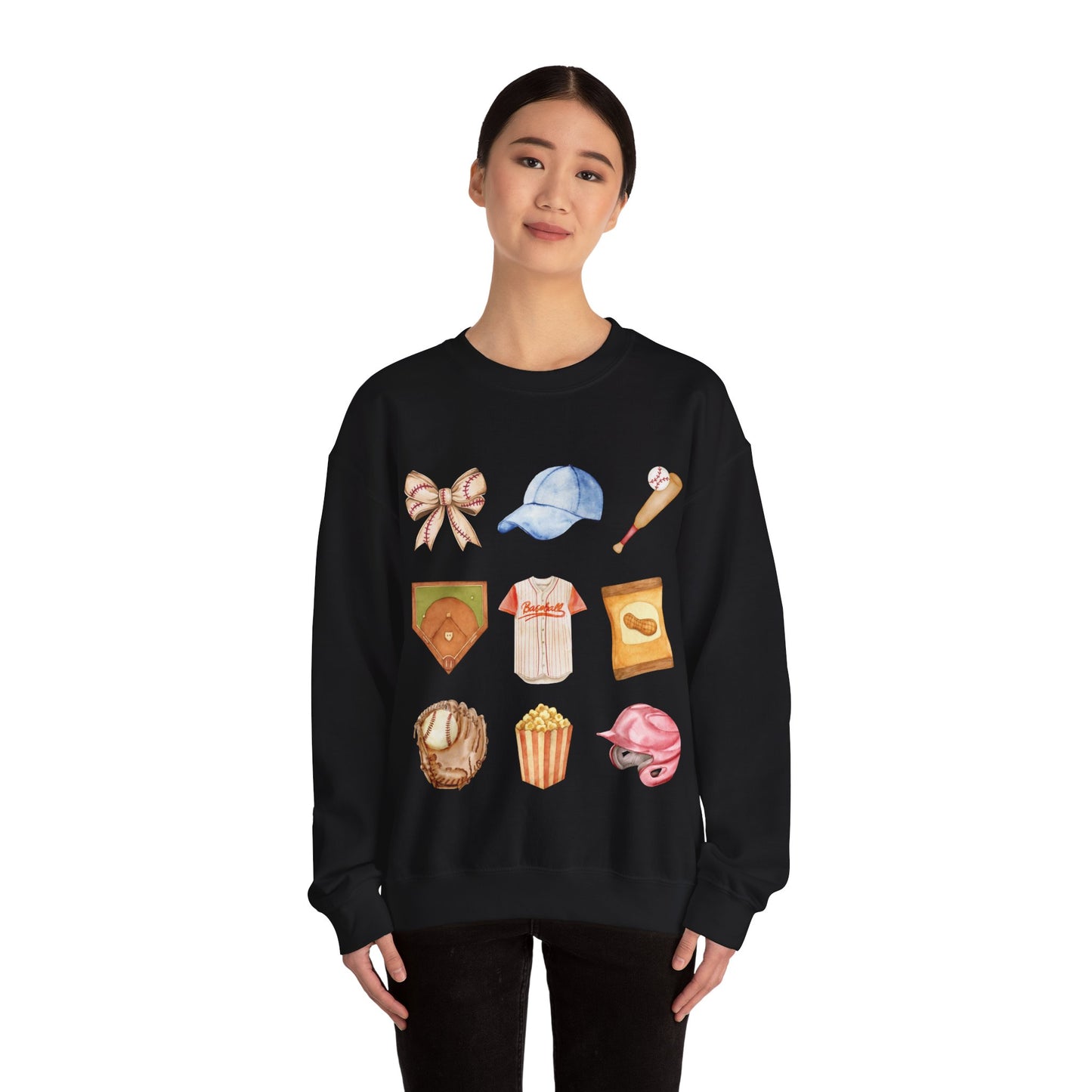 Baseball Icons Crewneck Sweatshirt — Watercolor Baseball Gear Graphic