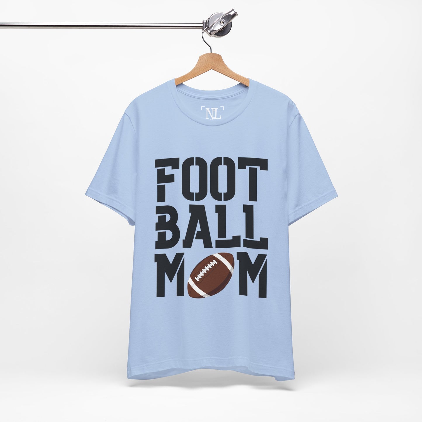Football Mom T-Shirt – Bold Stacked Text with Football Graphic