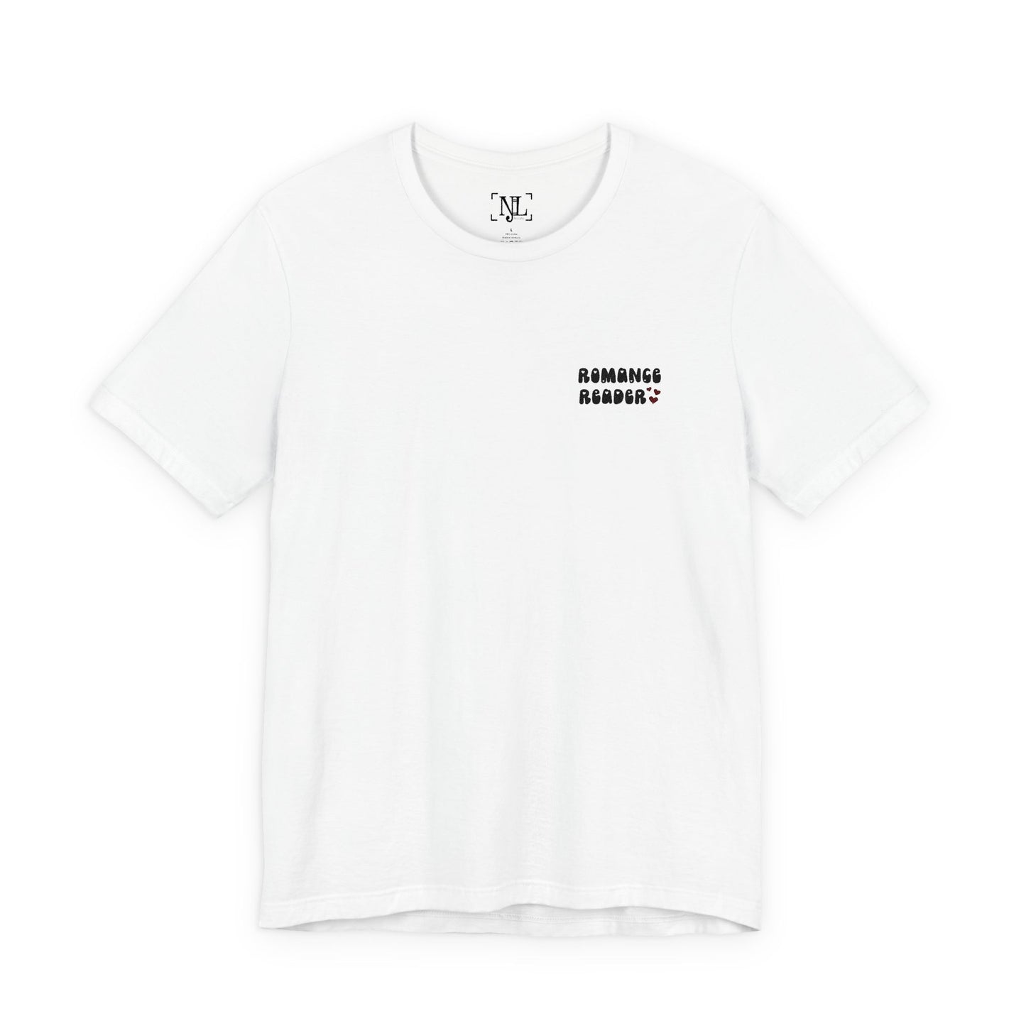 "Romance Reader" - Embroidered Literary Tee (Black Text with Maroon Hearts)