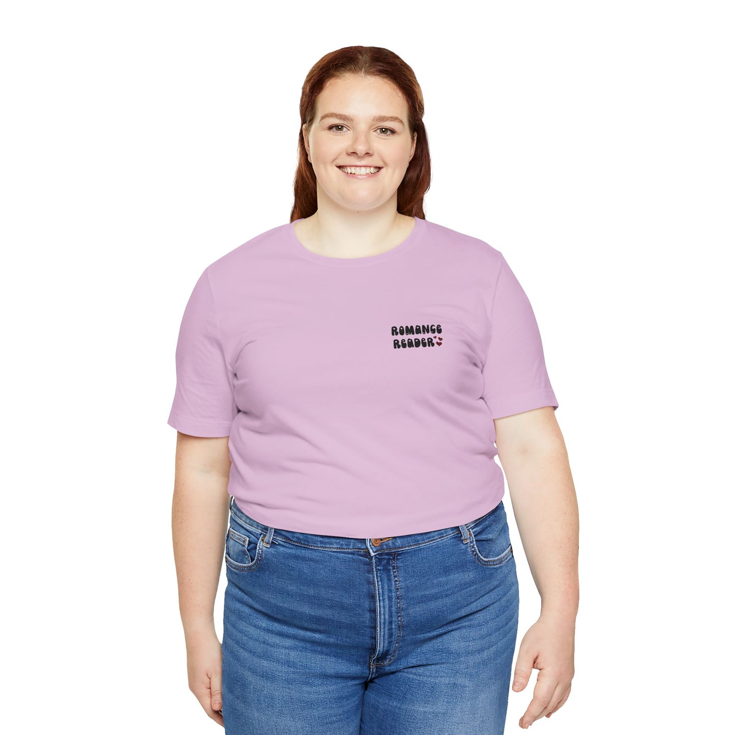 "Romance Reader" - Embroidered Literary Tee (Black Text with Maroon Hearts)