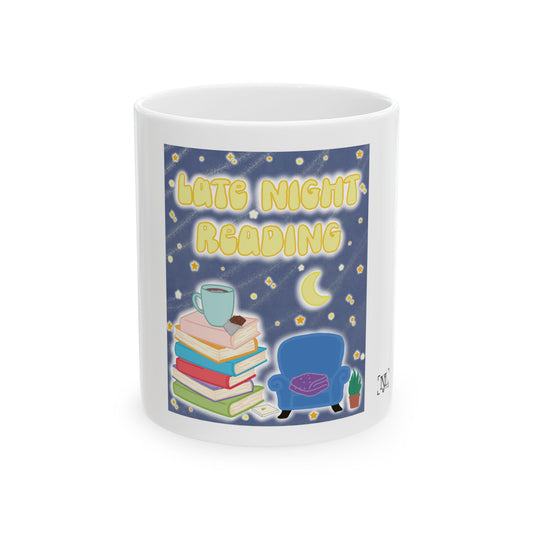Late Night Reading Full Graphic Ceramic Mug — Cute Book Lover Coffee Cup (11oz & 15oz)