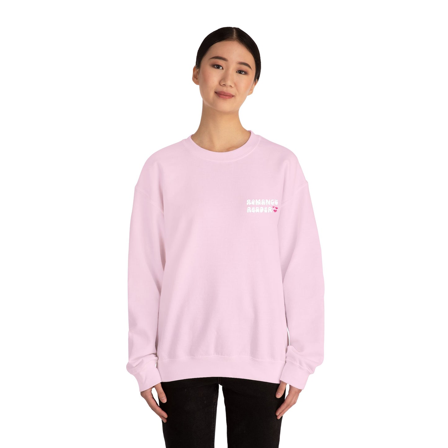 "Romance Reader" - Embroidered Literary Crewneck Sweatshirt (White Text with Pink Hearts)
