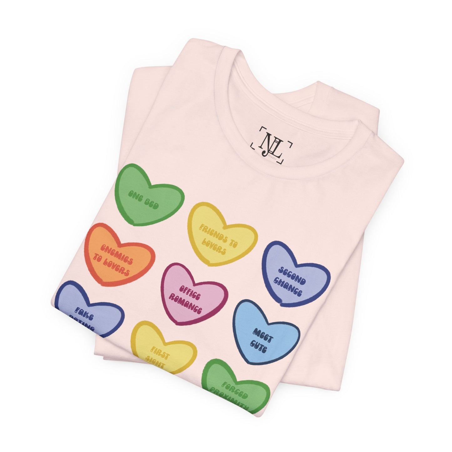Romance Book Tropes Conversation Heart Graphic Tee — Cute Pastel Candy Hearts with Messages