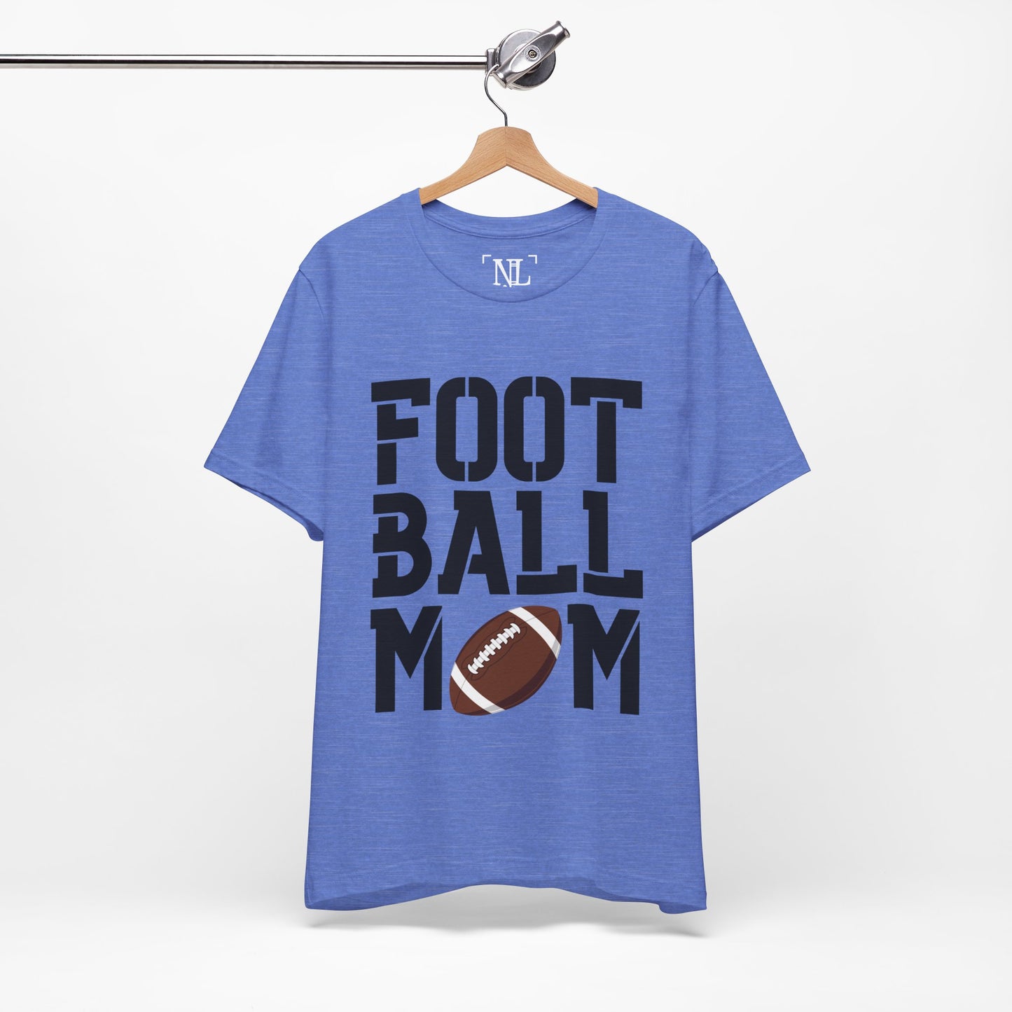 Football Mom T-Shirt – Bold Stacked Text with Football Graphic