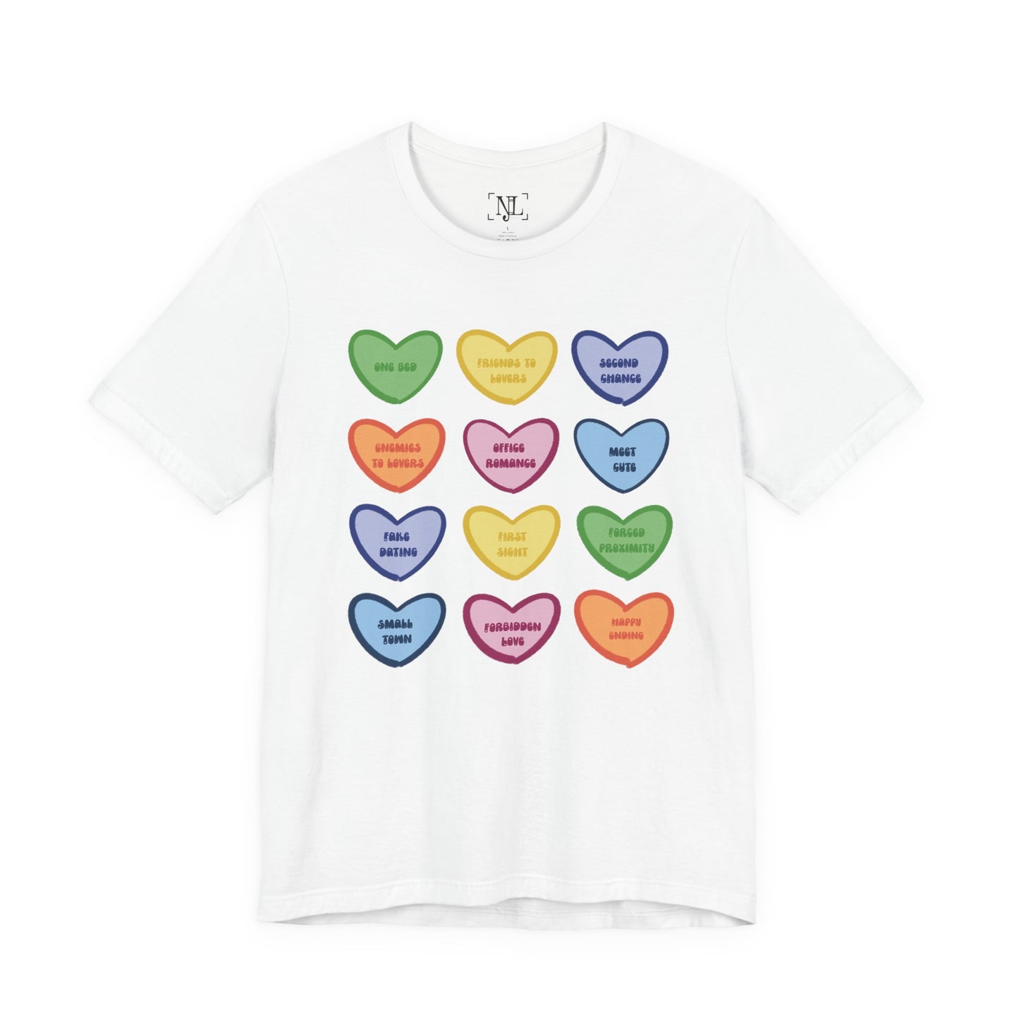 Romance Book Tropes Conversation Heart Graphic Tee — Cute Pastel Candy Hearts with Messages