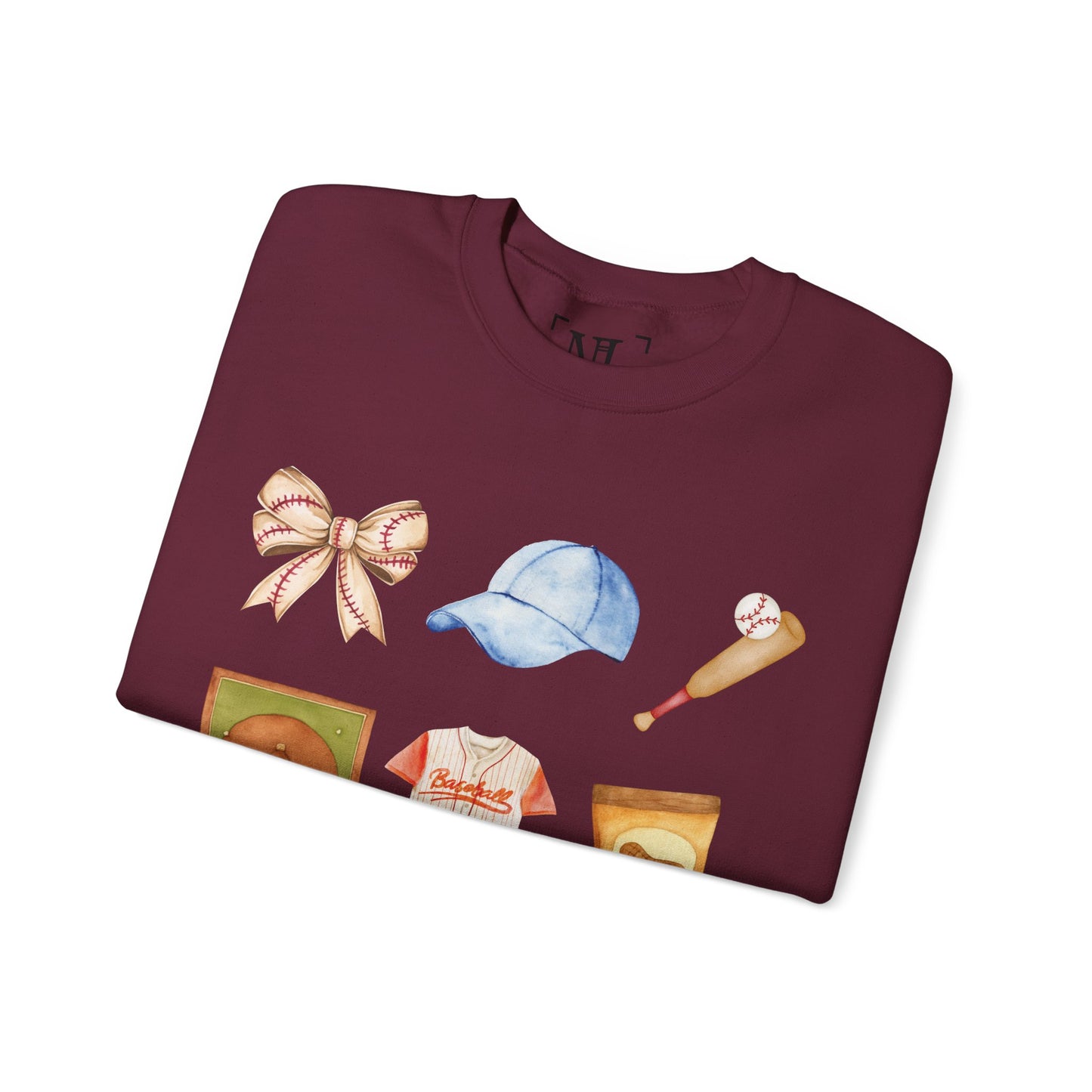 Baseball Icons Crewneck Sweatshirt — Watercolor Baseball Gear Graphic