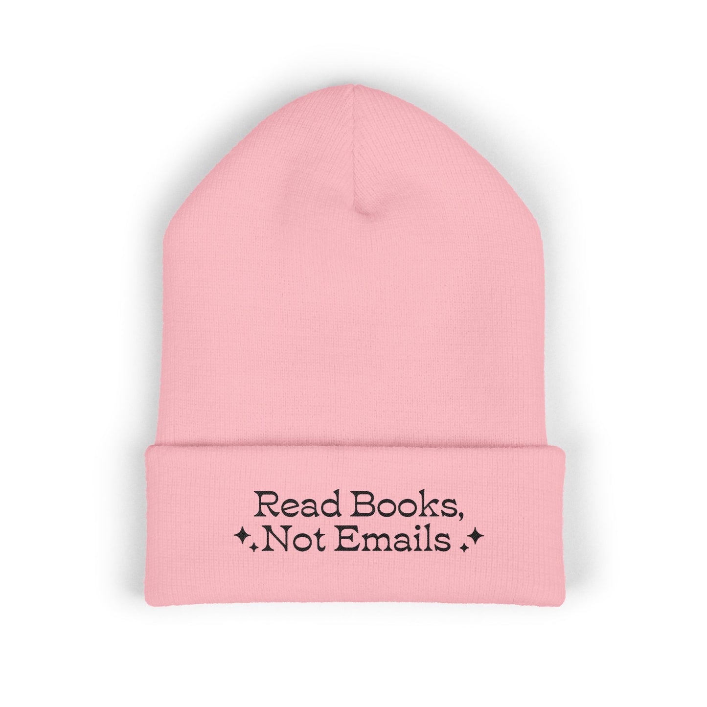 "Read Books Not Emails" - Embroidered Literary Cuffed Beanie (Black Text)