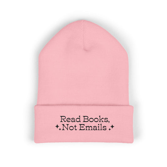 "Read Books Not Emails" - Embroidered Literary Cuffed Beanie (Black Text)