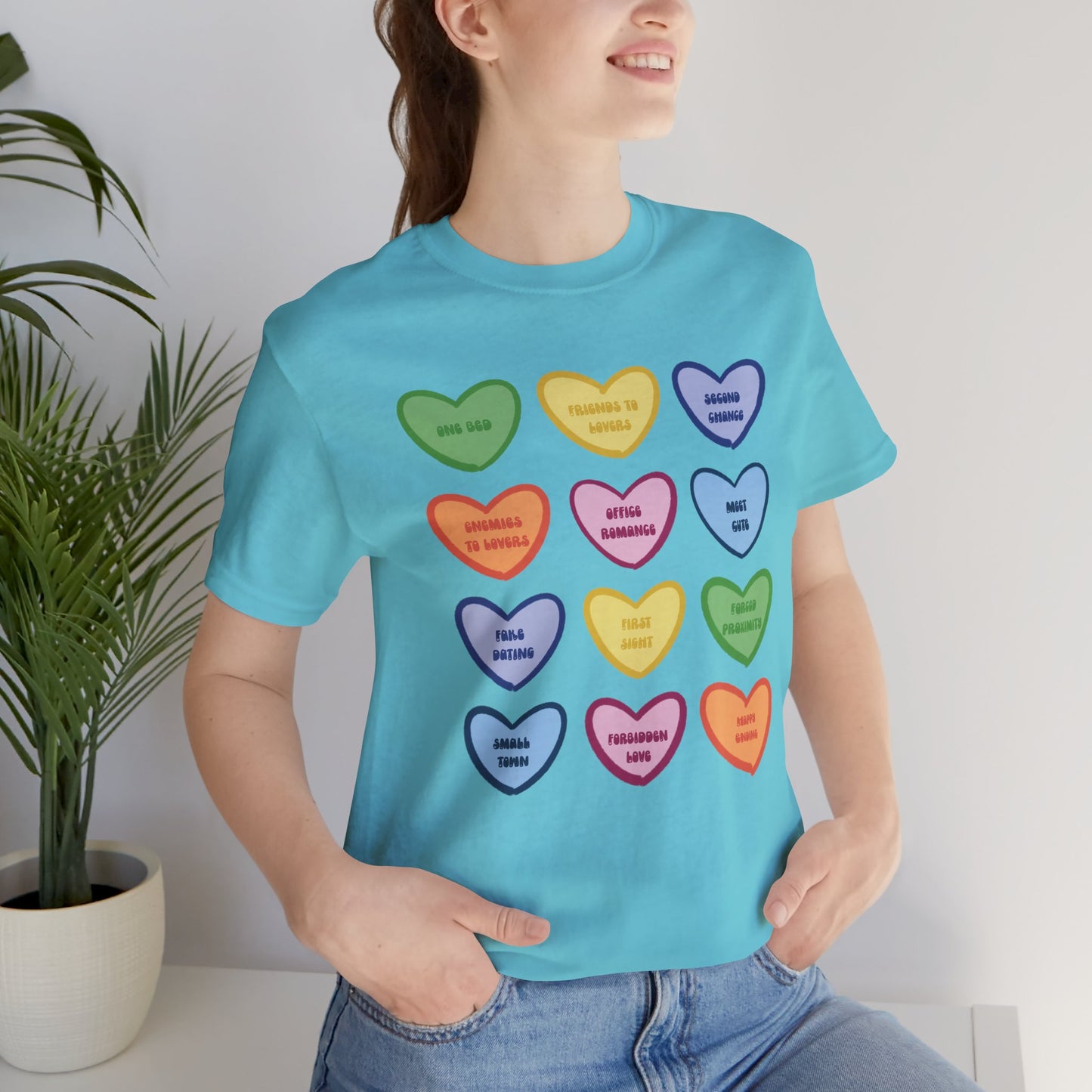 Romance Book Tropes Conversation Heart Graphic Tee — Cute Pastel Candy Hearts with Messages