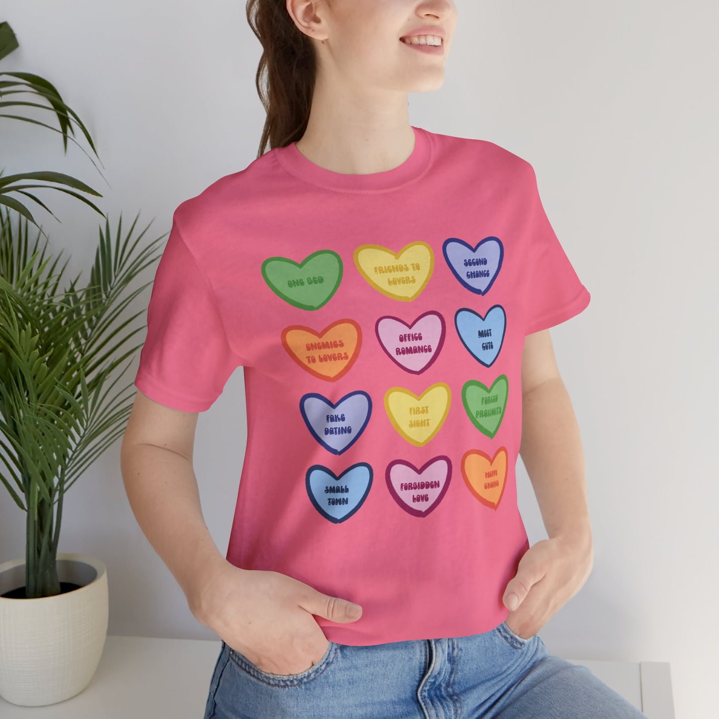 Romance Book Tropes Conversation Heart Graphic Tee — Cute Pastel Candy Hearts with Messages