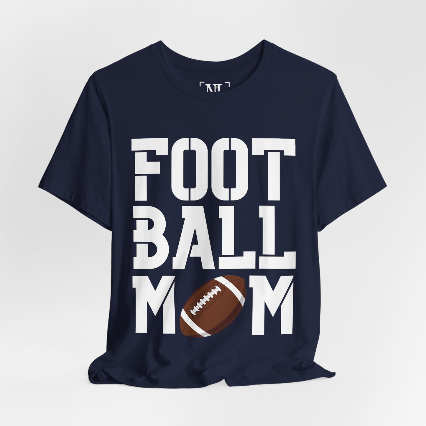 Football Mom T-Shirt – Bold Stacked Text with Football Graphic (White Text)