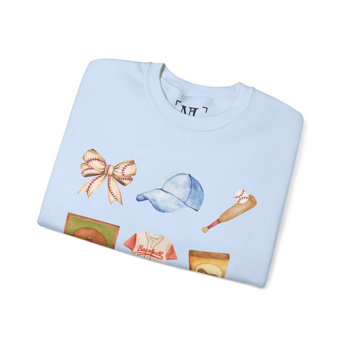 Baseball Icons Crewneck Sweatshirt — Watercolor Baseball Gear Graphic