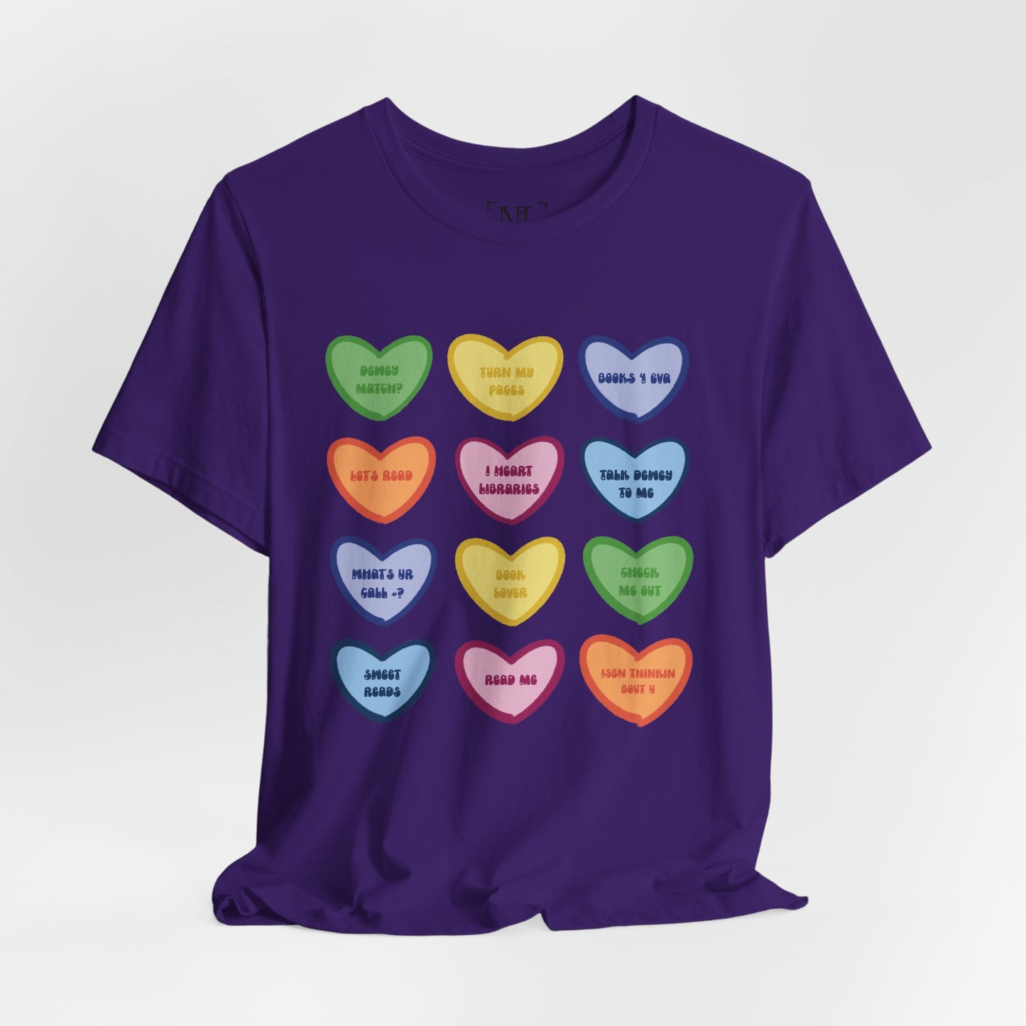Library Conversation Heart Graphic Tee — Cute Pastel Candy Hearts with Messages