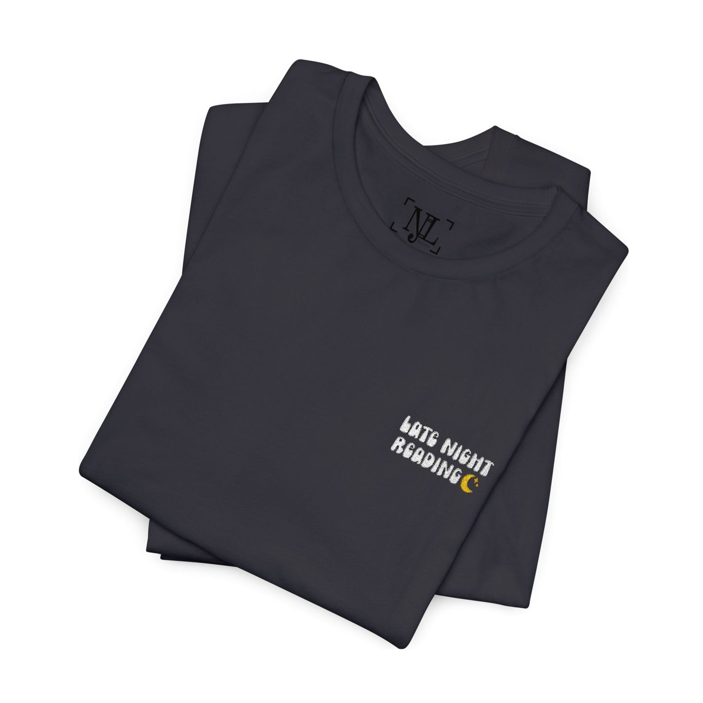 Late Night Reading - Embroidered Literary Tee (White Text)