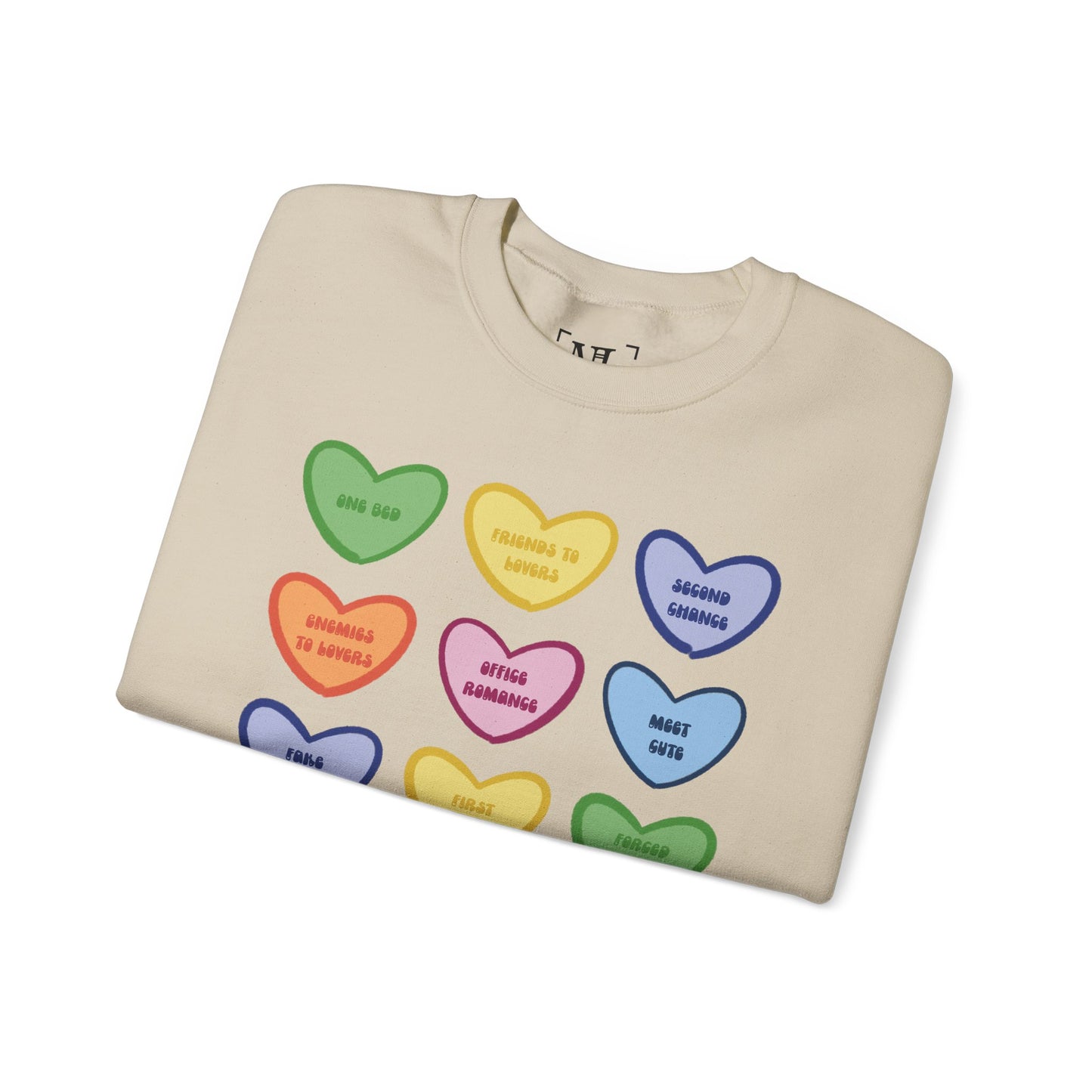 Romance Book Tropes Conversation Heart Sweatshirt — Colorful Valentine Candy Heart Graphic Crewneck