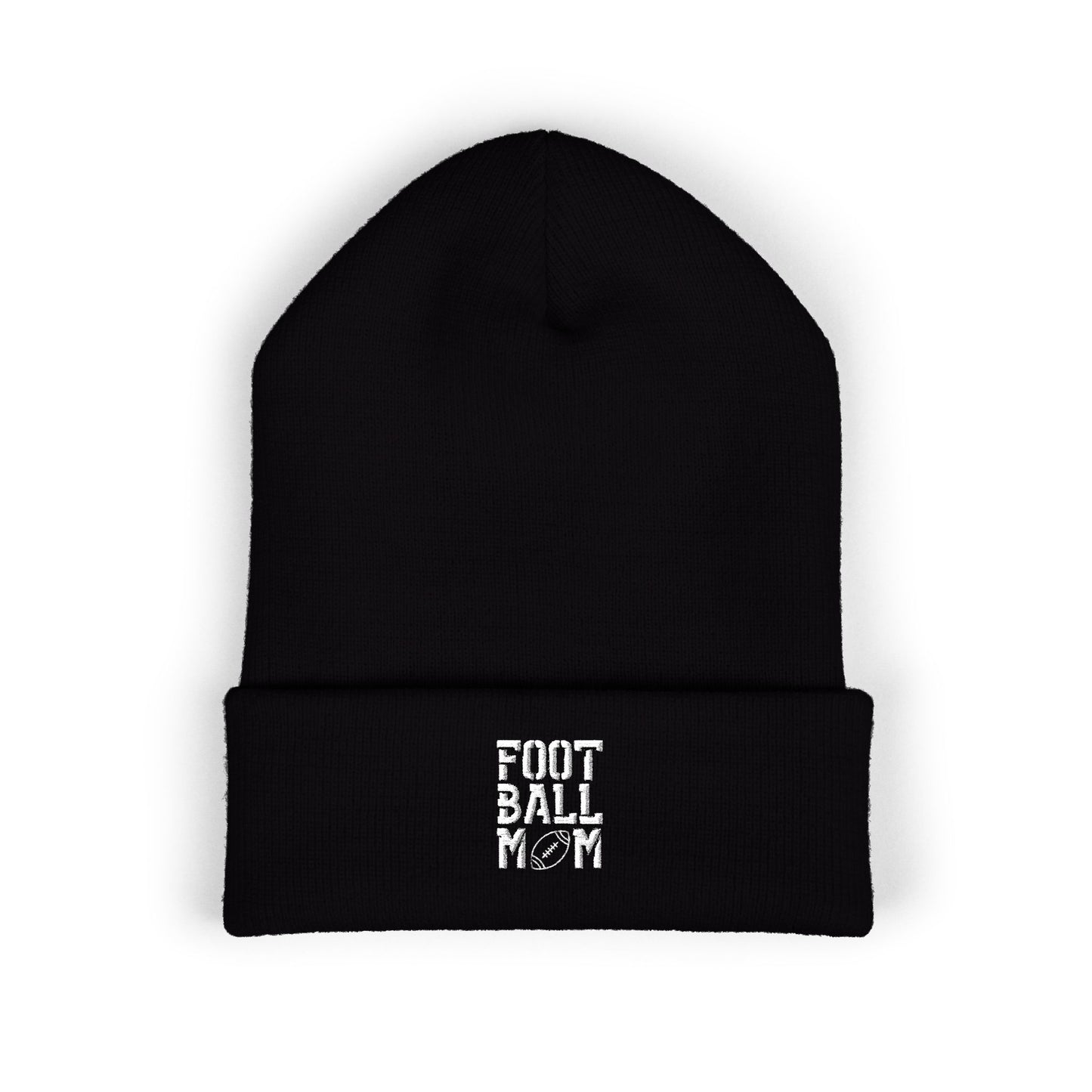 Football Mom Embroidered Cuffed Beanie – Cozy Sideline Knit Hat (White Text)