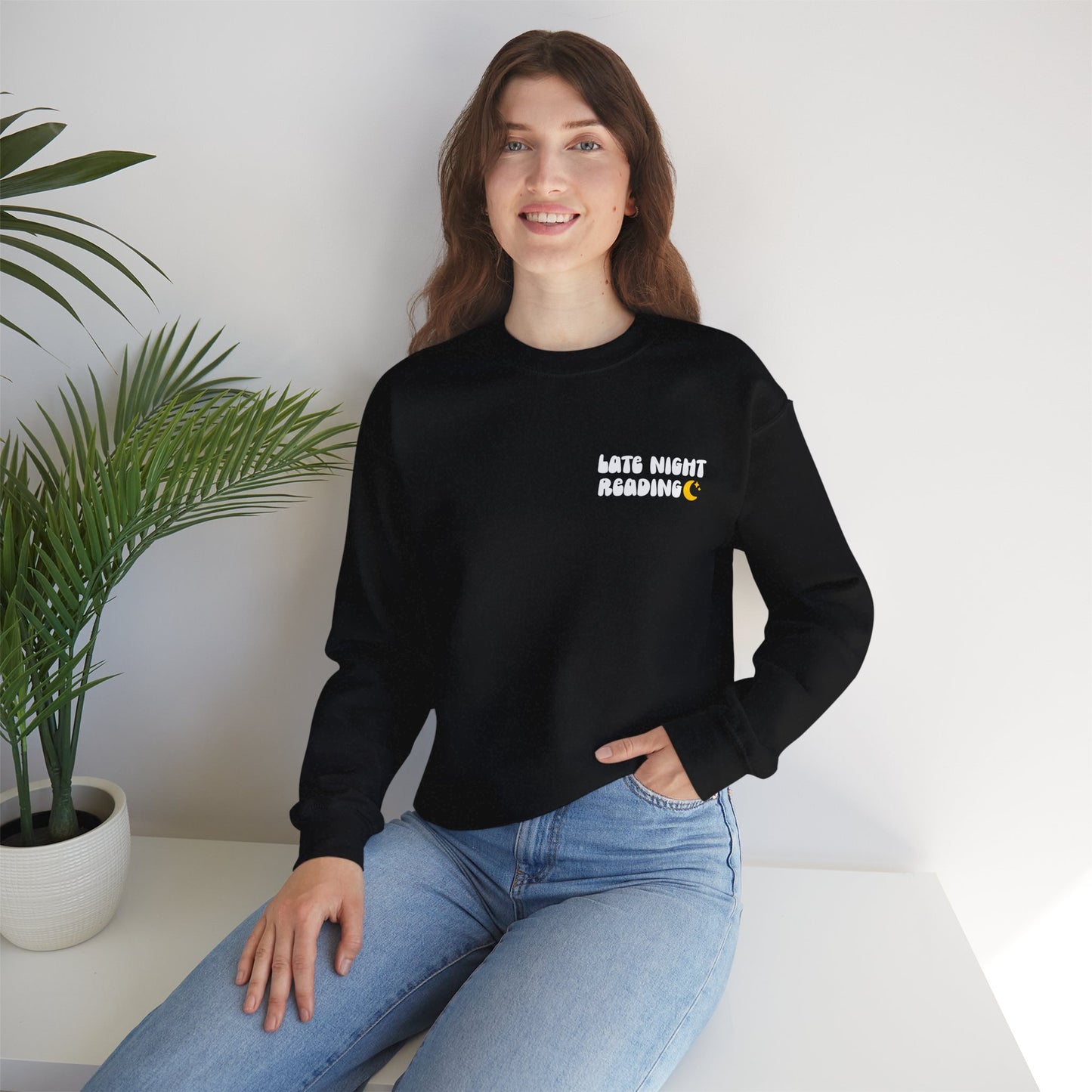 "Late Night Reading " — Cozy Book Lover Crewneck (White Text)