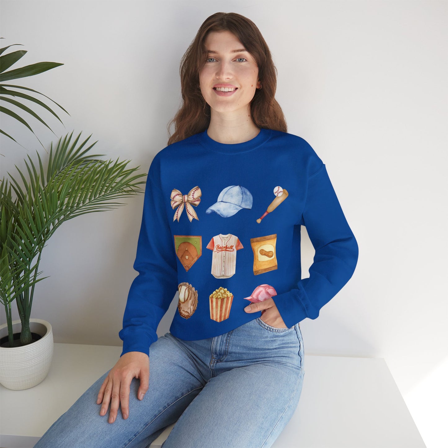 Baseball Icons Crewneck Sweatshirt — Watercolor Baseball Gear Graphic