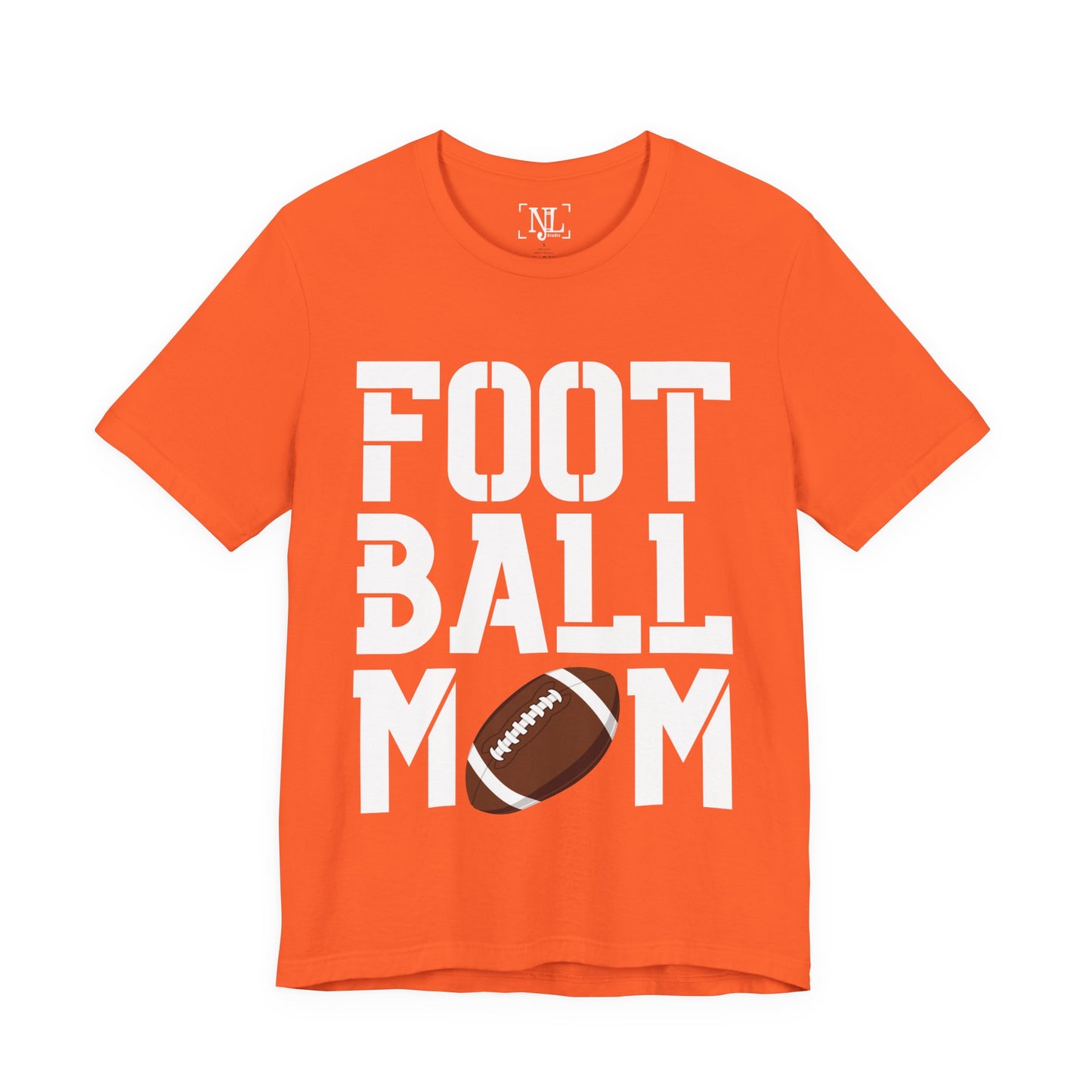 Football Mom T-Shirt – Bold Stacked Text with Football Graphic (White Text)
