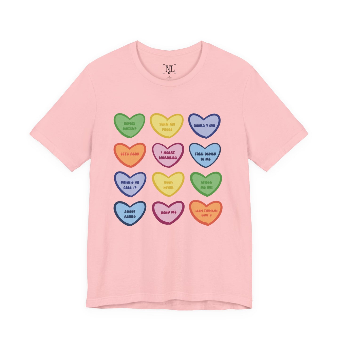 Library Conversation Heart Graphic Tee — Cute Pastel Candy Hearts with Messages