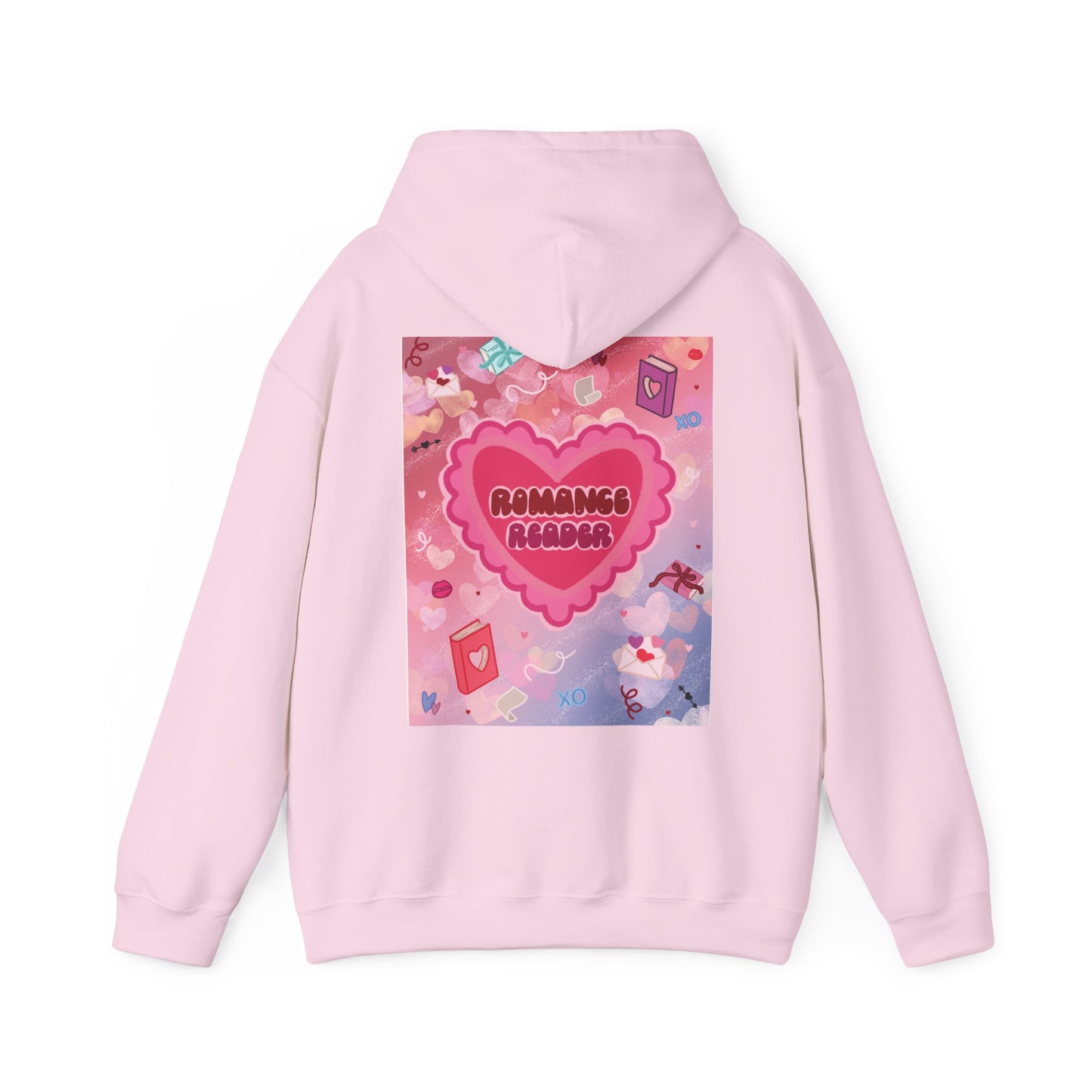 Romance Reader Hoodie — Cute Pink Heart Book Lover Pullover (Black Text)