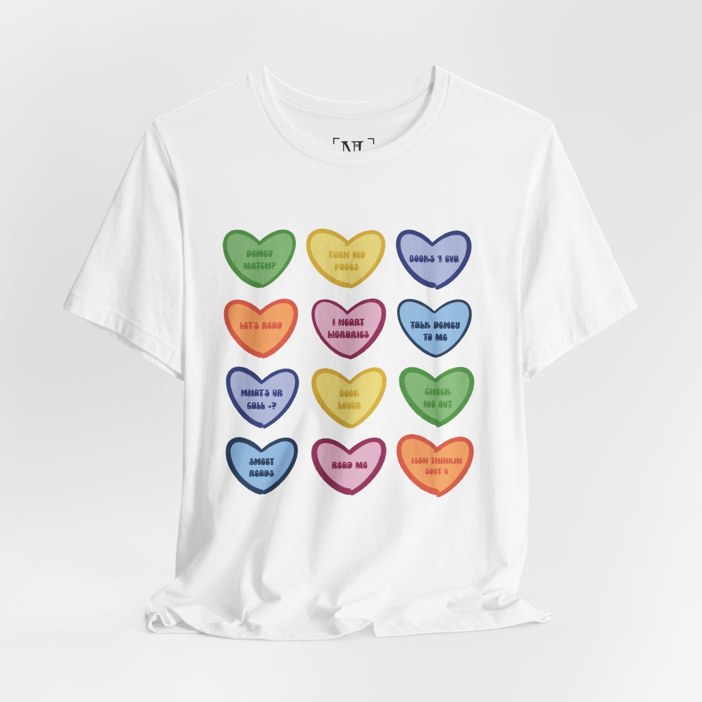 Library Conversation Heart Graphic Tee — Cute Pastel Candy Hearts with Messages