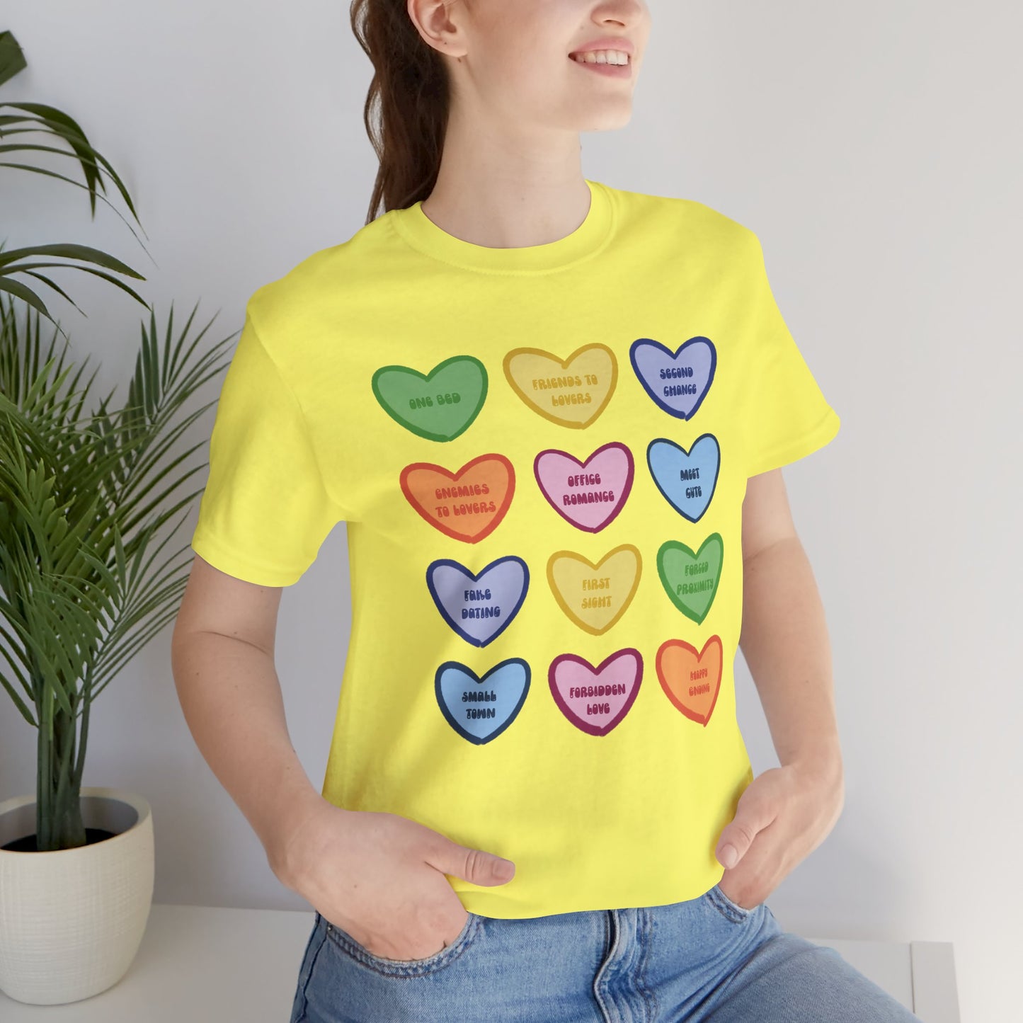 Romance Book Tropes Conversation Heart Graphic Tee — Cute Pastel Candy Hearts with Messages