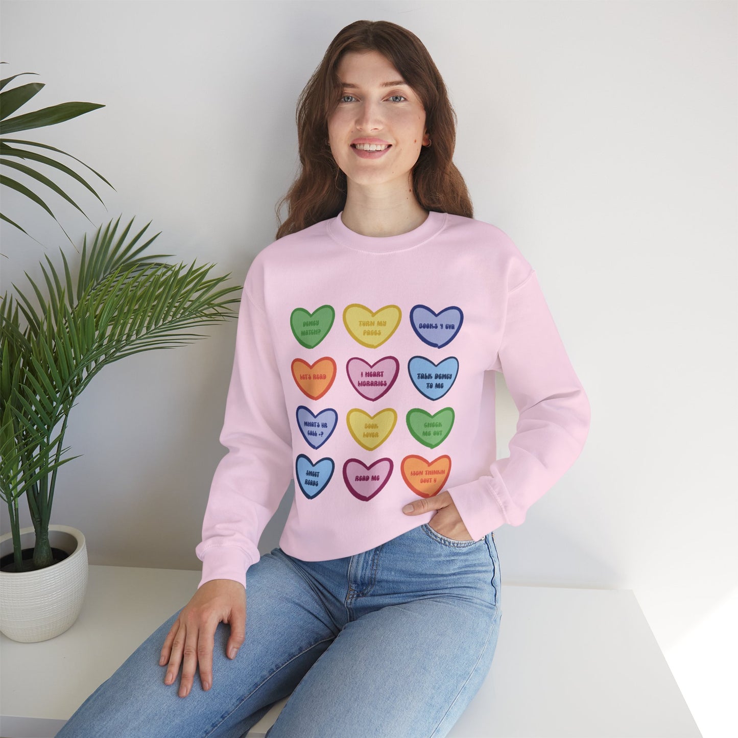 Library Themed Conversation Heart Sweatshirt — Colorful Valentine Candy Heart Graphic Crewneck