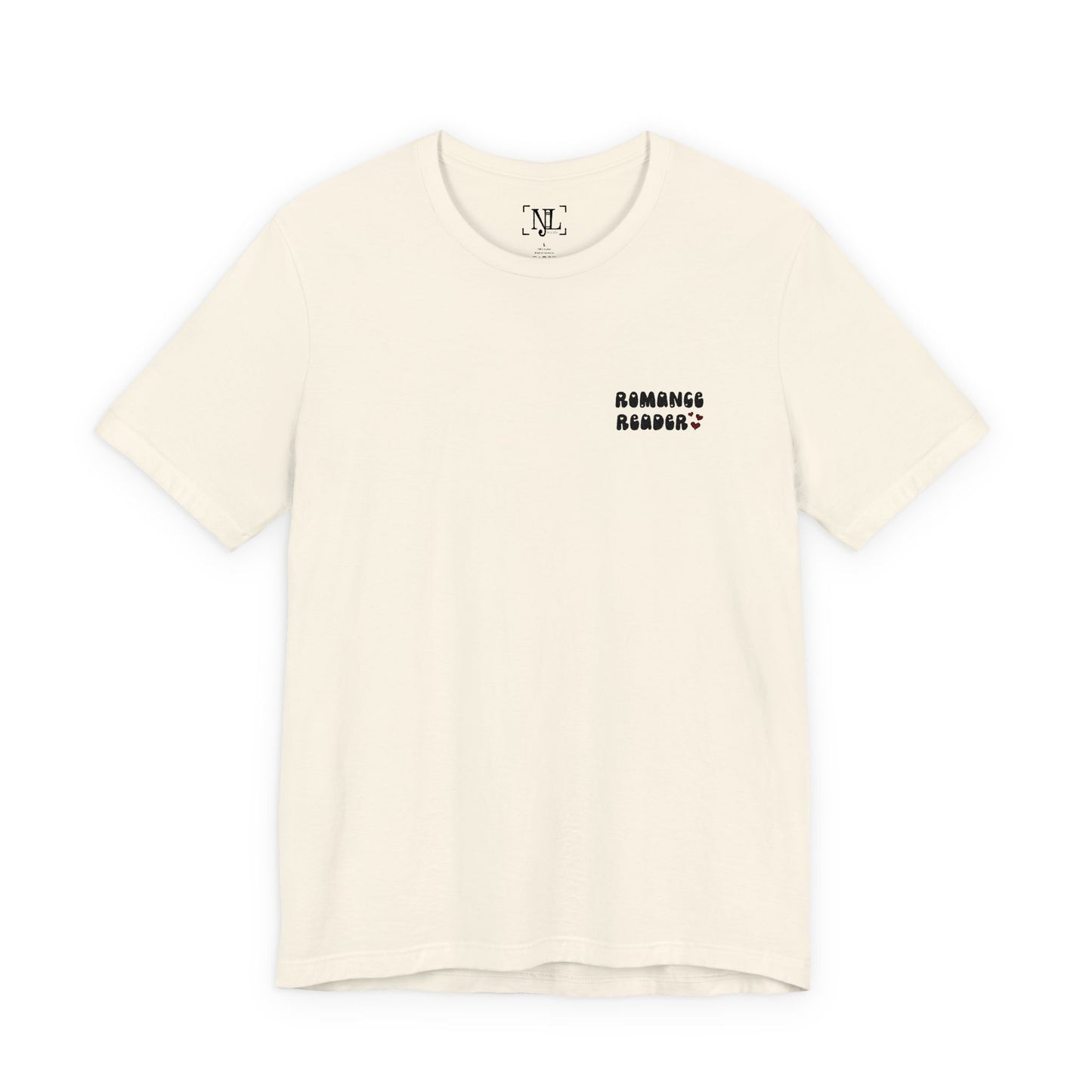"Romance Reader" - Embroidered Literary Tee (Black Text with Maroon Hearts)