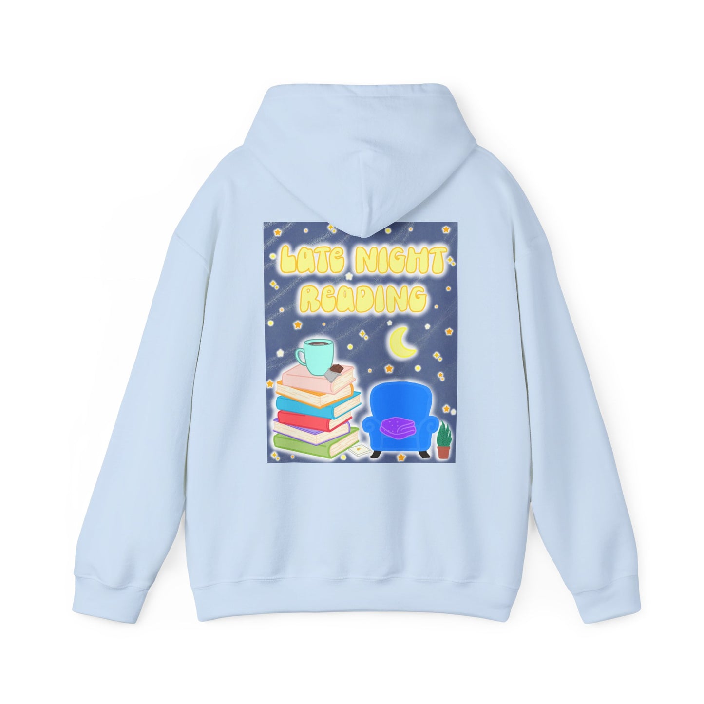 Late Night Reading Hoodie — Cozy Book Lover Pullover with Moon & Books Graphic (Black Text)