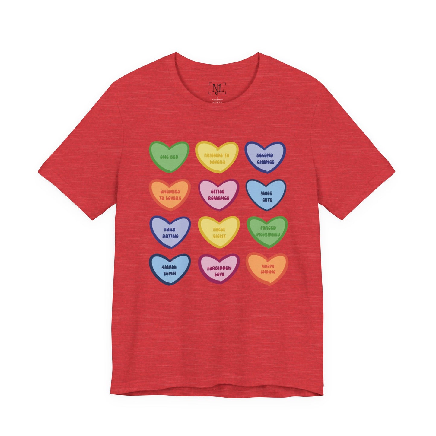 Romance Book Tropes Conversation Heart Graphic Tee — Cute Pastel Candy Hearts with Messages