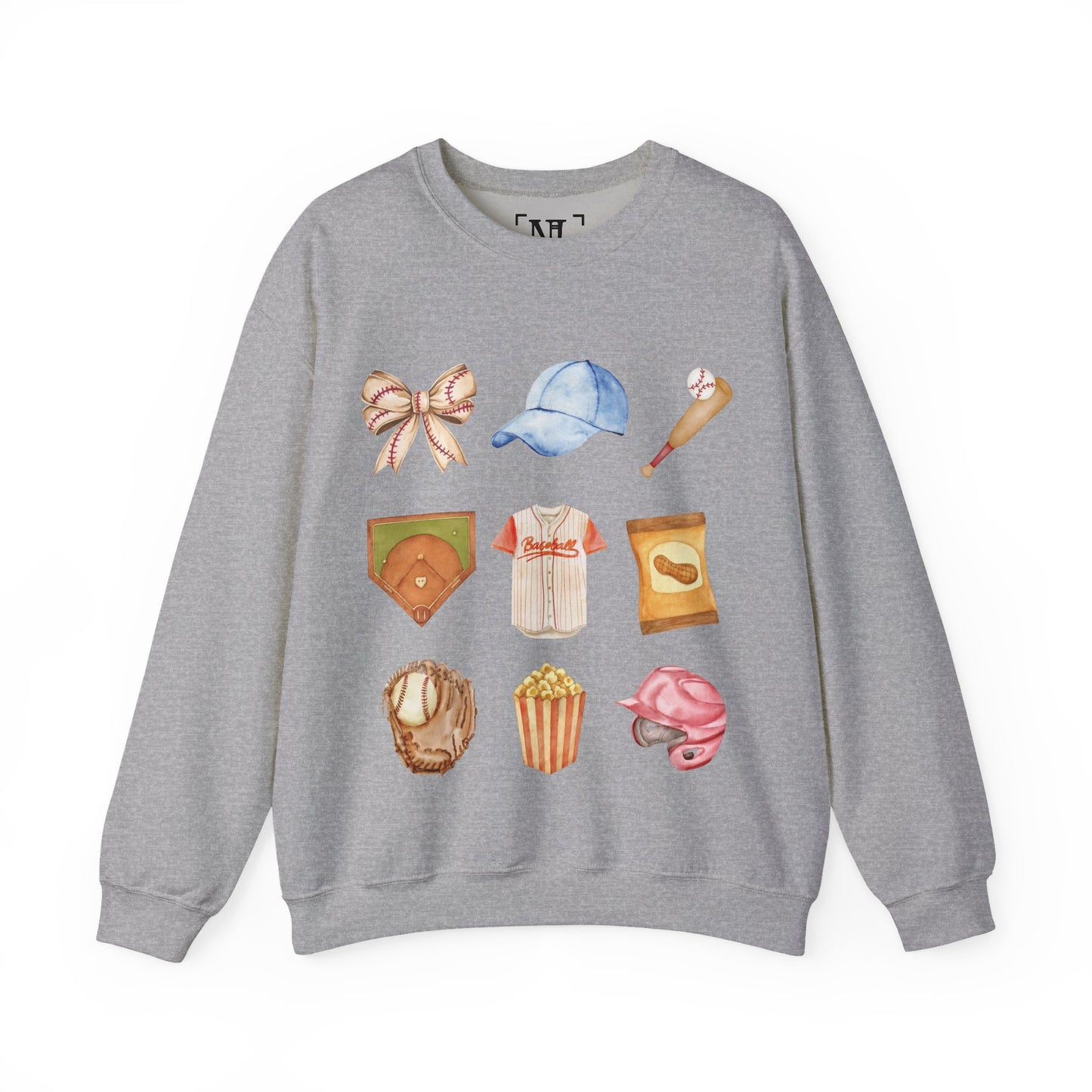 Baseball Icons Crewneck Sweatshirt — Watercolor Baseball Gear Graphic