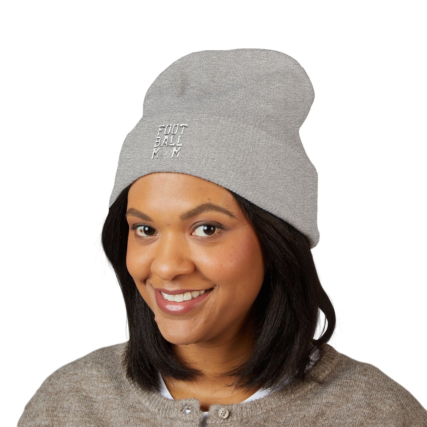 Football Mom Embroidered Cuffed Beanie – Cozy Sideline Knit Hat (White Text)