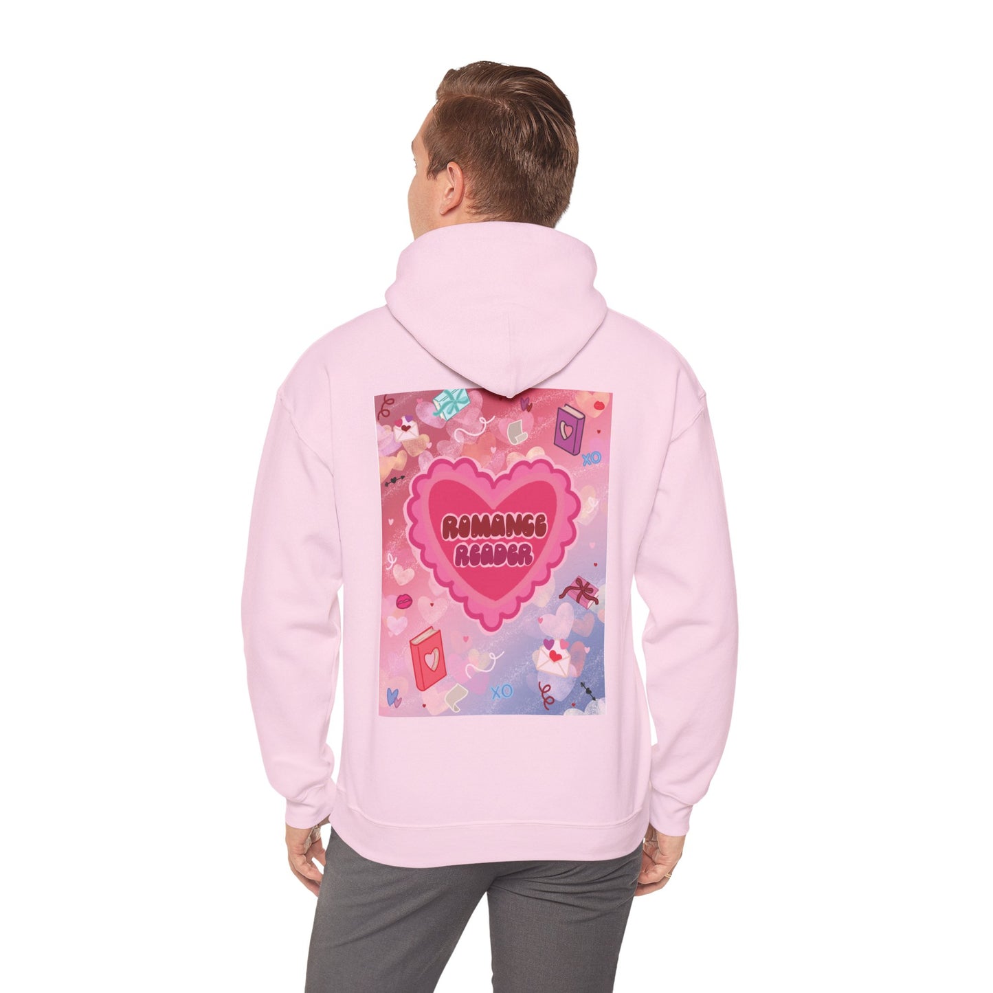 Romance Reader Hoodie — Cute Pink Heart Book Lover Pullover (Black Text)