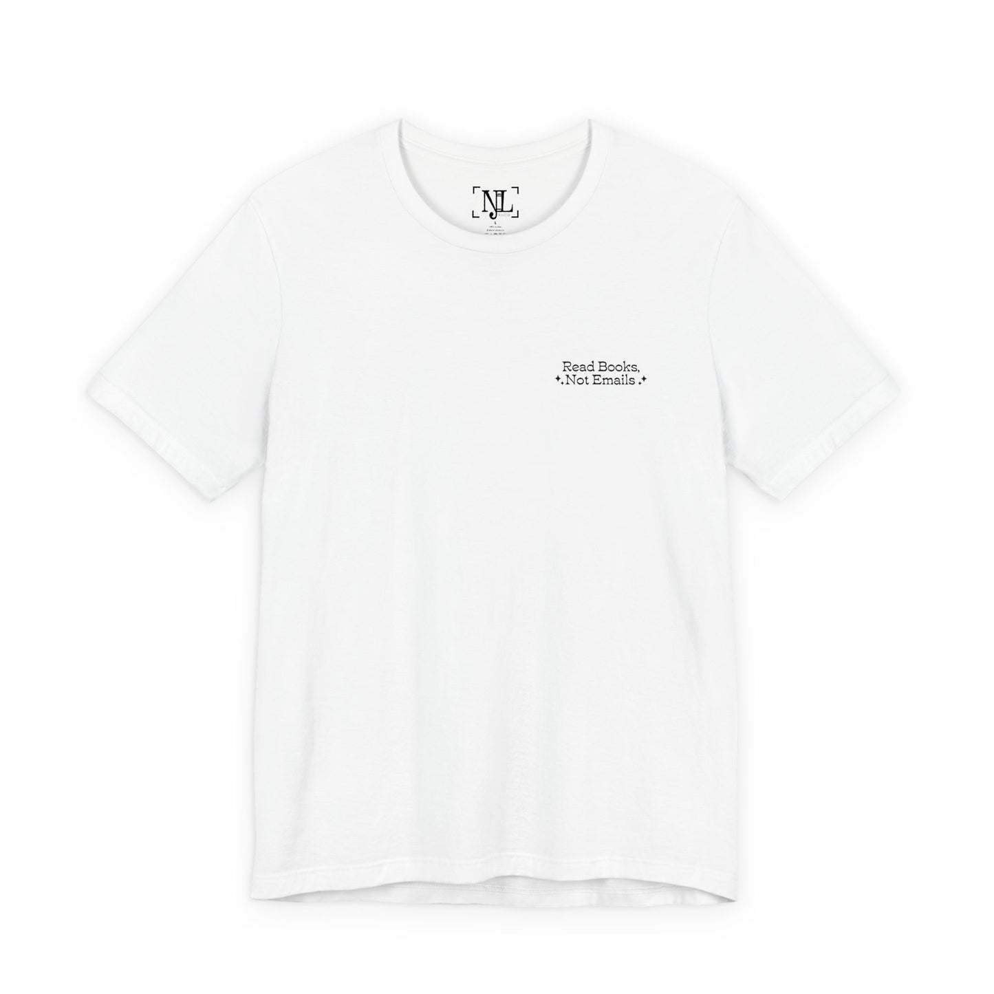 "Read Books, Not Emails - Embroidered Literary Tee (Black Text)