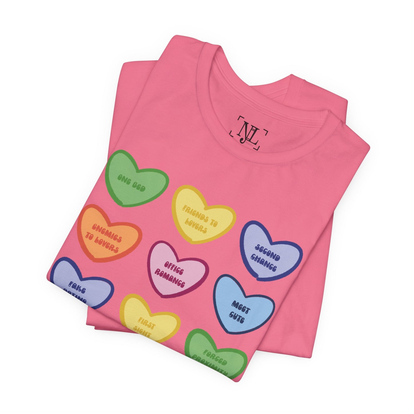 Romance Book Tropes Conversation Heart Graphic Tee — Cute Pastel Candy Hearts with Messages