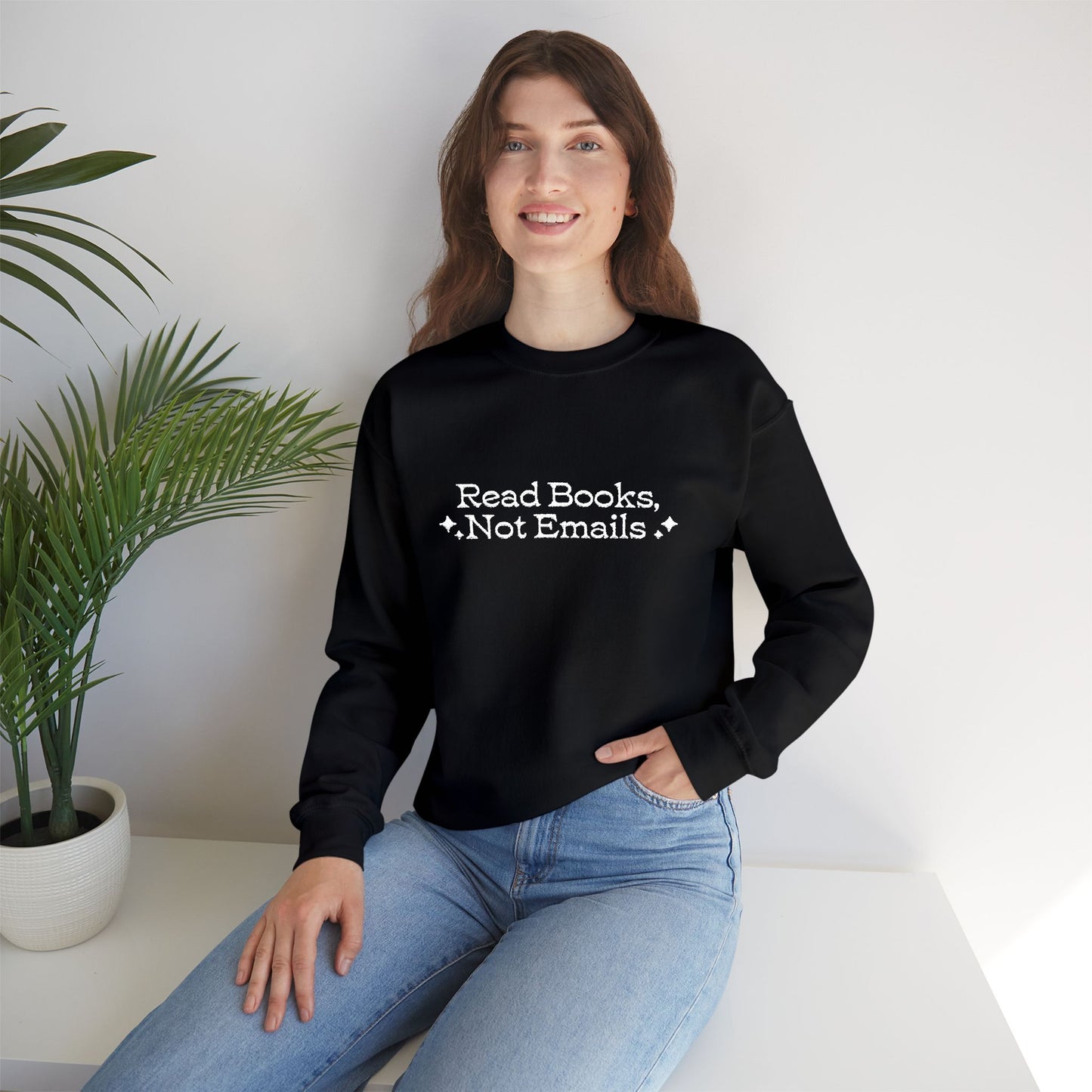 "Read Books Not Emails." - Embroidered Cozy Literary Sweatshirt (White Text)